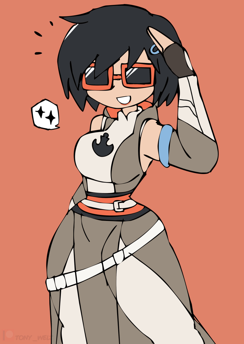1girl absurdres belt black_gloves black_hair black_skirt black_vest bodysuit bracer breasts crossover epic_games evie_(fortnite) fingerless_gloves fortnite gloves grin hair_ornament hairclip highres large_breasts looking_at_viewer may_the_4th orange_background print_bodysuit rebel_alliance_(star_wars) red_lips salute short_hair side_slit sketch skirt smile speech_bubble spoken_sparkle standing star_wars sunglasses teeth thick_thighs thigh_strap thighs tony_welt vest white_belt white_bodysuit wide_hips