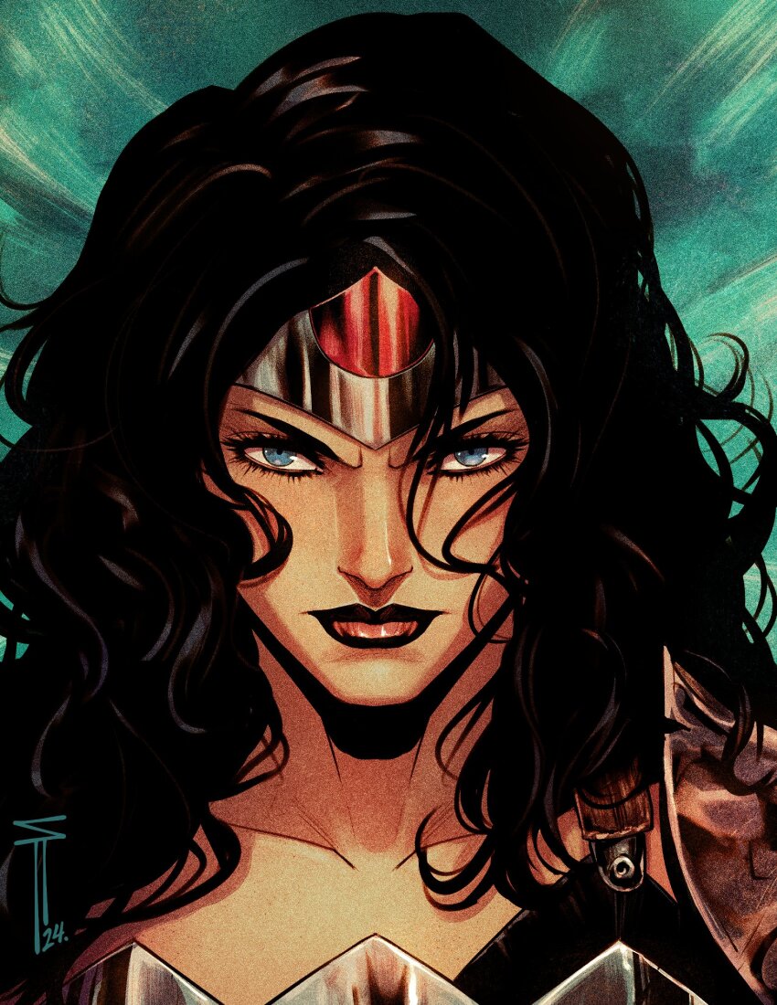 1girl armor black_hair blue_eyes blue_sky circlet close-up closed_mouth commentary commentary_request dc_comics english_commentary eyelashes highres long_hair looking_at_viewer red_lips sergacuna shoulder_armor sky solo wavy_hair wonder_woman wonder_woman_(series)