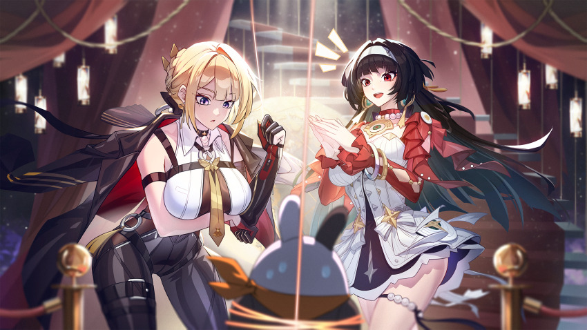 2girls astra_yao bangboo_(zenless_zone_zero) black_gloves black_hair black_pants blonde_hair blunt_sidelocks bound breasts coat coat_on_shoulders dress earrings eous_(zenless_zone_zero) evelyn_chevalier gloves hairband half_gloves high-waist_pants highres jacket jewelry kangg large_breasts long_hair long_sleeves mole mole_under_eye multiple_girls necklace necktie open_mouth orange_scarf pants pearl_necklace purple_eyes red_eyes red_jacket red_shrug ring_hair_ornament scarf shirt short_hair sidelocks single_half_glove string sweatdrop thigh_beads tied_up_(nonsexual) tight_clothes tight_pants white_dress white_hairband white_shirt yellow_necktie zenless_zone_zero