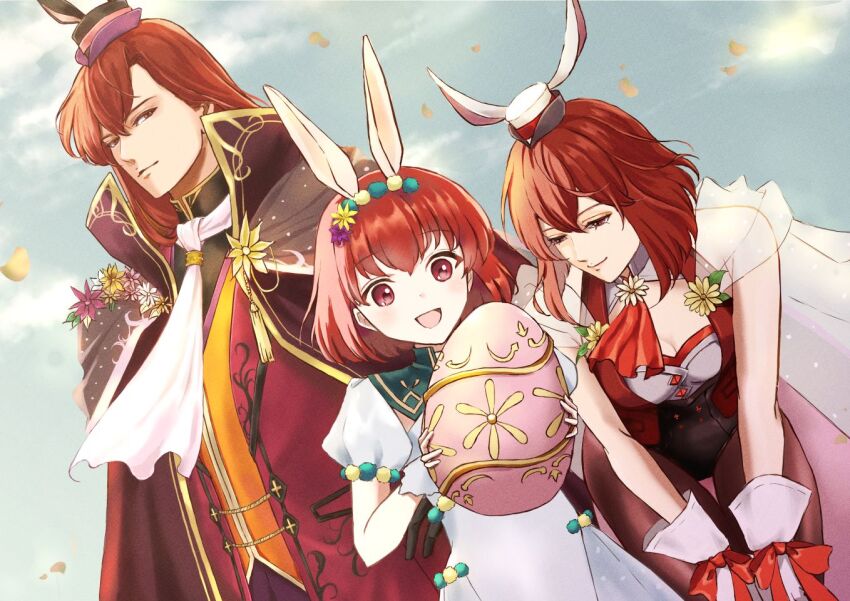 1boy 2girls animal_ears black_cloak breasts brother_and_sister cape cleavage cloak dress egg fake_animal_ears family fire_emblem fire_emblem:_mystery_of_the_emblem fire_emblem_heroes gloves hat holding holding_egg leaning leotard looking_at_another lowered_eyelids maria_(fire_emblem) maria_(spring)_(fire_emblem) michalis_(fire_emblem) michalis_(spring)_(fire_emblem) minerva_(fire_emblem) minerva_(spring)_(fire_emblem) mini_hat multiple_girls neckerchief nintendo official_alternate_costume open_mouth pantyhose rabbit red_hair red_ribbon ribbon see-through_cape short_hair siblings sisters small_breasts smile white_dress white_gloves yori_ilrosso