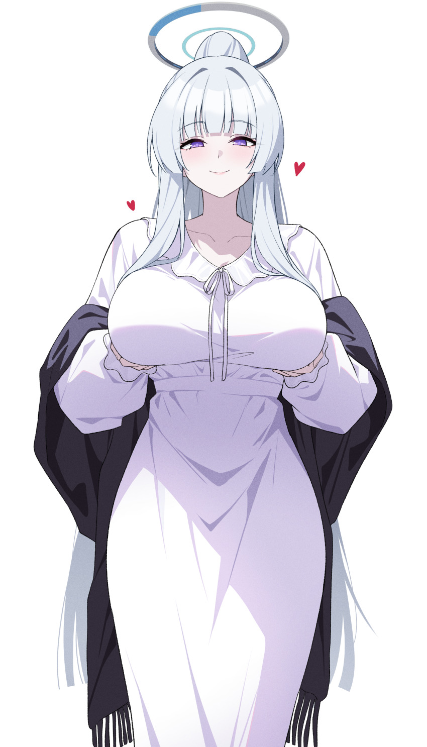 1girl absurdres black_shawl blue_archive blunt_bangs blush breasts closed_mouth commentary_request feet_out_of_frame frilled_pajamas frills grabbing_own_breast hair_intakes halo heart highres long_hair looking_at_viewer mechanical_halo noa_(blue_archive) noa_(pajamas)_(blue_archive) official_alternate_costume official_alternate_hairstyle pajamas purple_eyes reia_76 shawl simple_background smile solo standing very_long_hair white_background white_hair white_halo white_pajamas