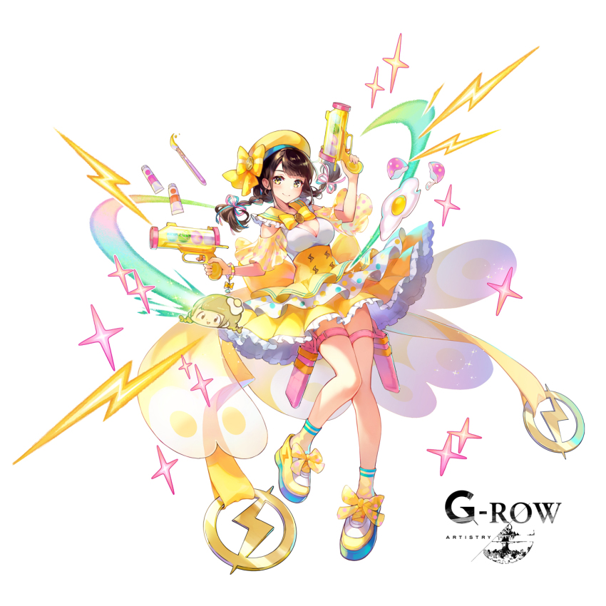 1girl aqua_ribbon black_hair bow bowtie braid brown_hair cleavage_cutout closed_mouth clothing_cutout commentary_request dempagumi dual_wielding egg_(food) electricity food full_body hair_ribbon harumaki_(gumi) hat hat_bow high-waist_skirt highres holding holding_toy_gun holster idol_clothes kaname_rin looking_at_viewer official_art phantom_of_the_kill pink_ribbon platform_footwear ribbon sailor_collar second-party_source simple_background skirt smile socks solo standing standing_on_one_leg tachi-e thigh_holster twin_braids white_background white_socks yellow_bow yellow_bowtie yellow_eyes yellow_hat yellow_sailor_collar yellow_skirt