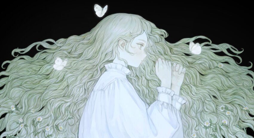 1girl amamanoban black_background bug butterfly expressionless eyelashes flower green_hair grey_eyes highres insect long_hair long_sleeves looking_at_another original parted_lips profile simple_background solo upper_body very_long_hair wavy_hair white_butterfly white_flower