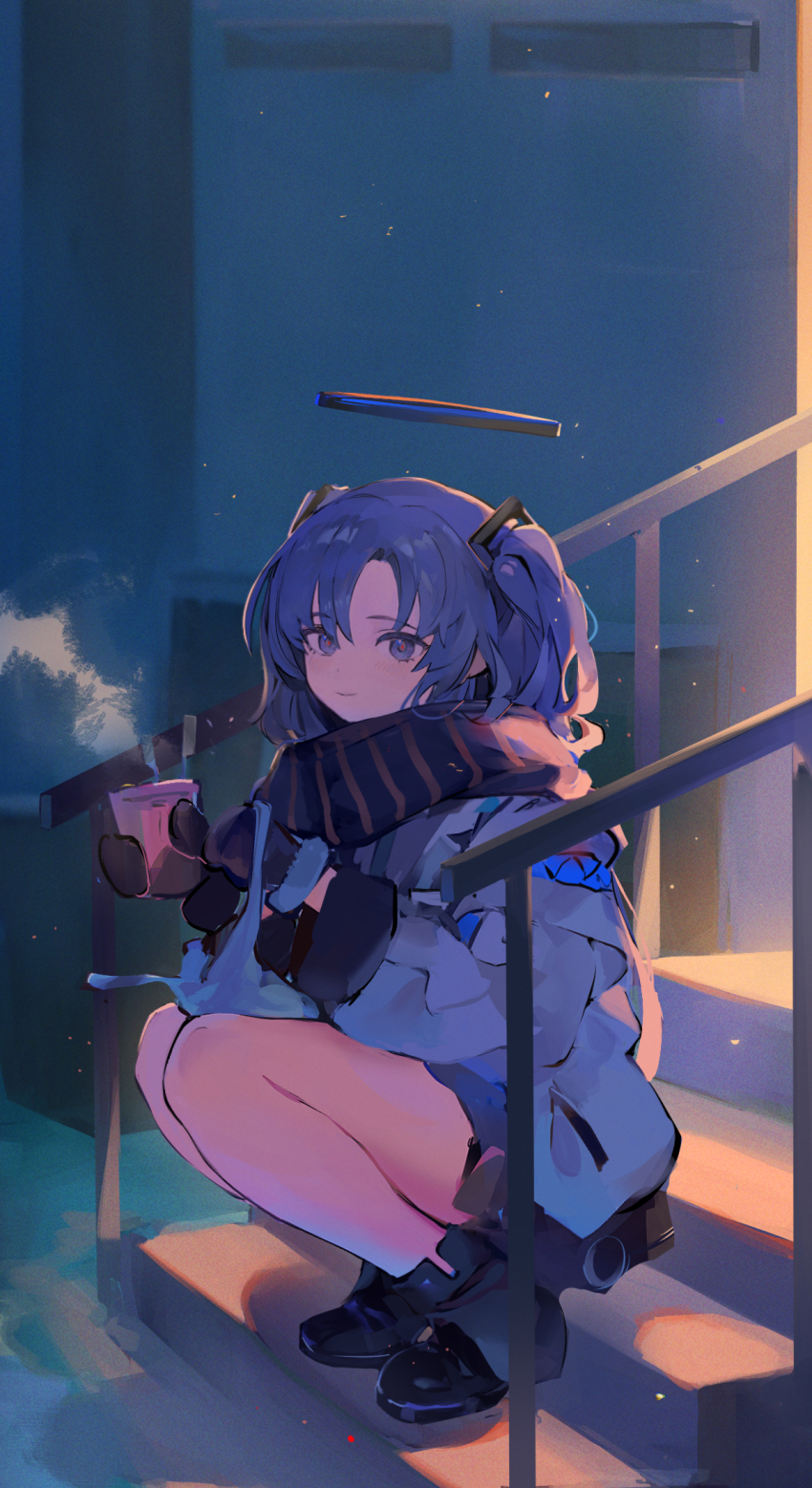 1girl bare_legs black_mittens black_scarf blue_archive blush halo highres koio looking_at_viewer mechanical_halo mittens outdoors purple_eyes purple_hair scarf smile solo squatting stairs steam two_side_up yuuka_(blue_archive)
