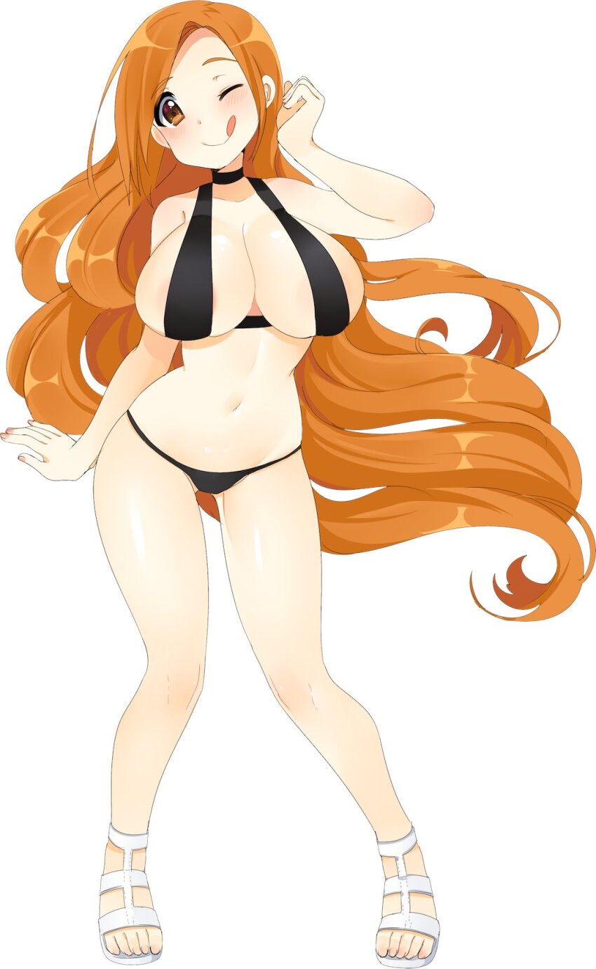 bikini black_bikini bleach breasts brown_eyes curvy highres inoue_orihime large_breasts long_hair nashirasauce one_eye_closed orange_hair sandals slingshot_swimsuit swimsuit tongue very_long_hair wide_hips wink