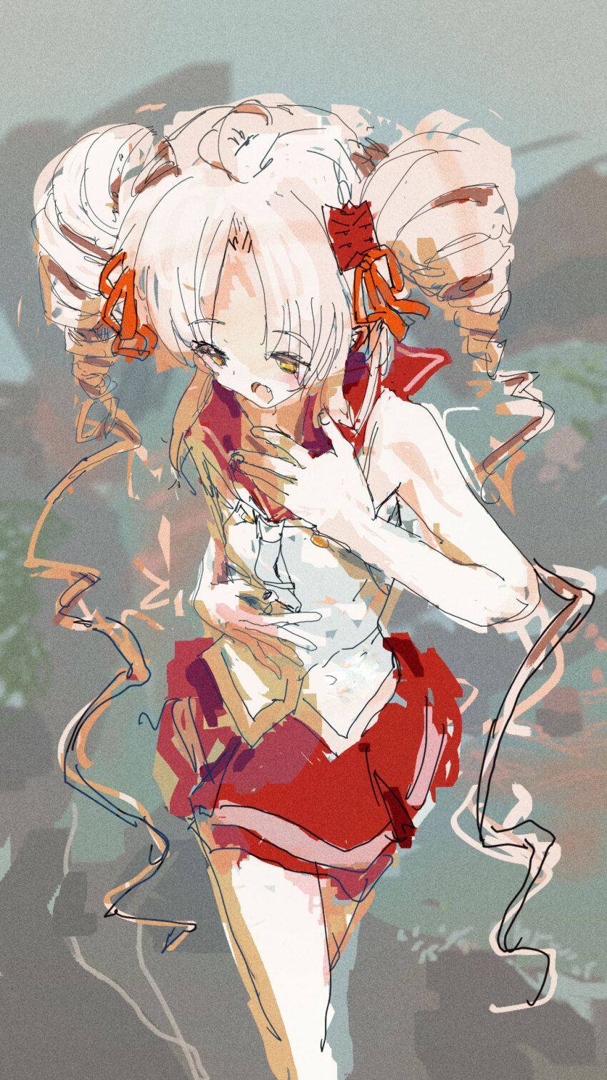 1girl abstract_background ahoge commentary_request curtained_hair drill_hair fang feet_out_of_frame grey_background hair_ribbon hand_up highres kabuyama_kaigi long_hair looking_to_the_side necktie onikko_hunter_tsuina-chan open_mouth orange_ribbon red_sailor_collar red_skirt ribbon sailor_collar school_uniform serafuku shirt skirt sleeveless sleeveless_shirt solo standing tsuina-chan twin_drills voiceroid white_hair white_necktie white_shirt yawning yellow_eyes