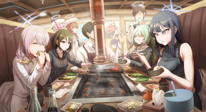 arius_squad_(blue_archive) atsuko_(blue_archive) bandaged_neck bandages black_hair blue_archive blue_eyes blue_hair bottle bowl braid chopsticks closed_eyes diner eating faceless faceless_female green_hair halo highres hiyori_(blue_archive) holding holding_chopsticks hood hoodie midriff misaki_(blue_archive) panzaa purple_hair red_eyes rice_bowl saori_(blue_archive) trinity_student_(blue_archive) twin_braids yakiniku