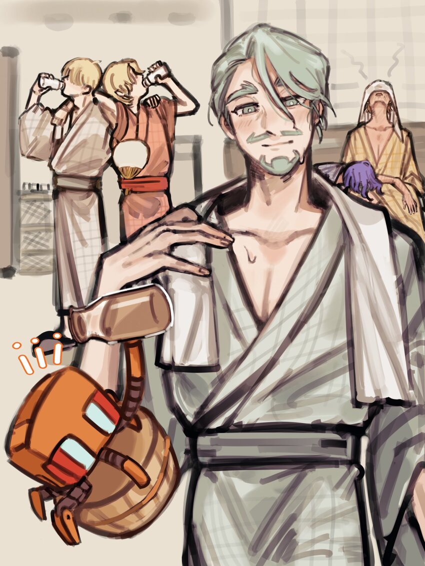 5boys bathhouse beard blonde_hair blush bottle challia_bull char_aznable commentary conch_(gundam) drinking facial_hair green_eyes green_hair gundam gundam_gquuuuuux highres holding holding_bottle indoors japanese_clothes kimono looking_at_viewer male_focus multiple_boys mustache non-humanoid_robot purple_hair robot shirouzu_(gundam) short_hair sitting smile sweatdrop symbol-only_commentary towel towel_around_neck towel_on_face yukata z_pom