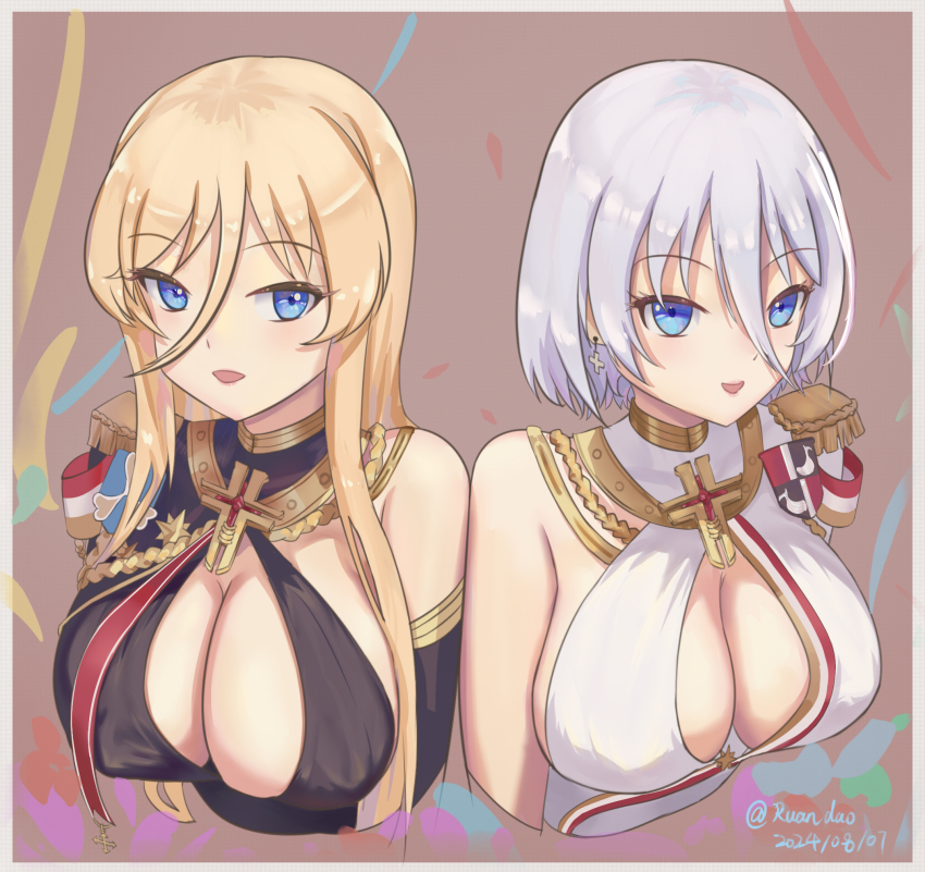 2024 2girls aiguillette artist_name azur_lane bismarck_(azur_lane) bismarck_(beacon_of_the_iron_blood)_(azur_lane) bismarck_(coat_of_arms) black_dress blonde_hair blue_eyes breasts center_opening cleavage coat_of_arms cross cross_earrings dated dress earrings epaulettes evening_gown hair_between_eyes highres iron_blood_(emblem) jewelry large_breasts long_hair looking_at_viewer multiple_girls official_alternate_costume ruan_dao short_hair siblings single_epaulette sisters tirpitz_(azur_lane) tirpitz_(iron_blood_snowstorm)_(azur_lane) upper_body white_dress white_hair
