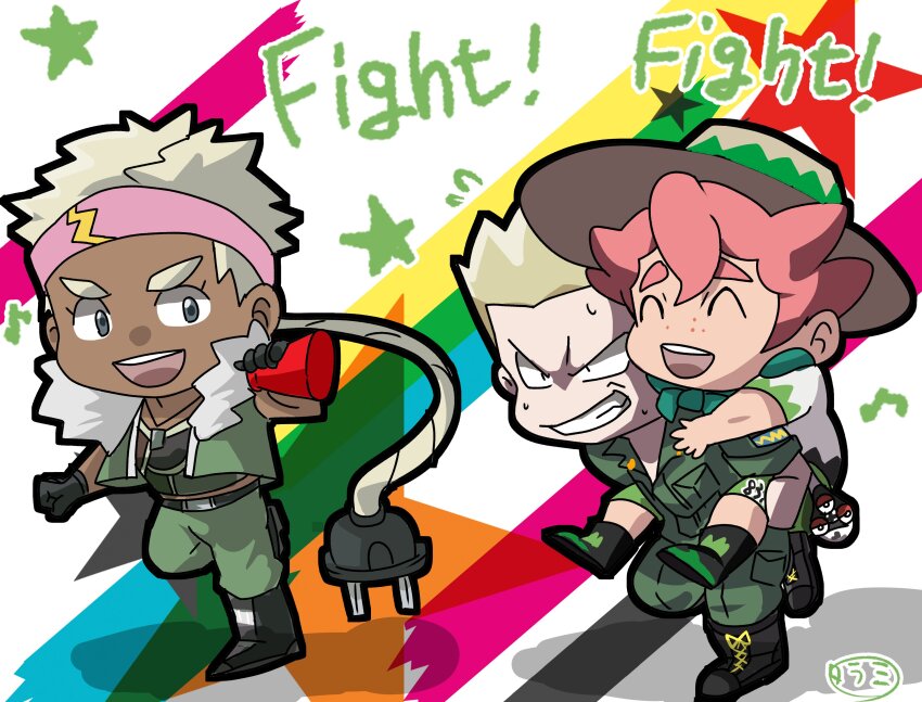 1girl 2boys absurdres blonde_hair boots carrying carrying_person cheerleader chibi dark-skinned_female dark_skin dog_tags electrical_outlet english_text freckles hat headband highres insignia megaphone military military_uniform milo_(pokemon) multiple_boys nintendo piggyback pokemon pokemon_(anime) pokemon_journeys pokemon_lgpe pokemon_swsh pon_tarami ponytail red_hair sun_hat surge_(pokemon) sweat thick_eyebrows tomboy vest visquez_(pokemon)