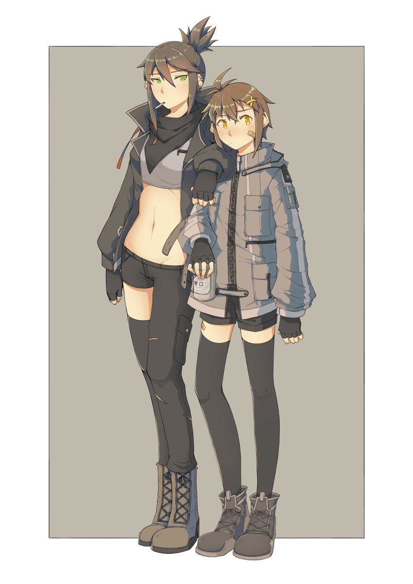 2girls bandaid bandaid_on_cheek bandaid_on_face beer_can black_boots black_gloves black_pants black_thighhighs blush boots breasts brown_hair can cigarette closed_mouth commentary_request crop_top drink_can fingerless_gloves fukana_miyu_(kokuya28) full_body gloves green_eyes grey_background grey_boots grey_jacket grey_shirt hair_ornament highres hood hooded_jacket jacket kokuya_(kokuya28) lace-up_boots looking_at_viewer medium_breasts midriff multiple_girls navel original pants shirt short_hair standing thighhighs two-tone_background white_background x_hair_ornament yellow_eyes