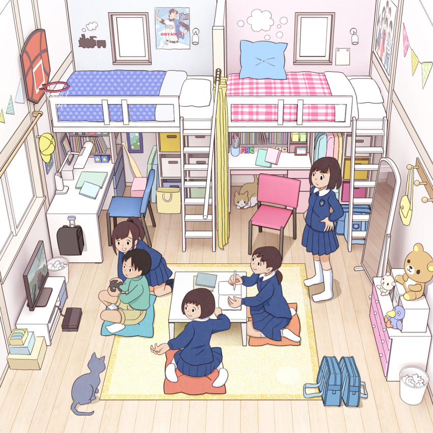 1boy 4girls absurdly_detailed_composition blue_jacket blue_skirt bra brother_and_sister cat chabudai_(table) curtains desk dressing fixed-point_camera full_body highres indoors jacket kiyo_(kyokyo1220) loaded_interior loft_bed male_underwear multiple_girls ootani_shouhei original panties playing_games pleated_skirt school_uniform shirt siblings sitting skirt standing table television time_lapse underwear white_bra white_male_underwear white_panties white_shirt window