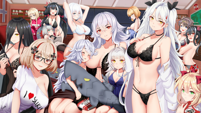 6+girls absurdres admiral_graf_spee_(azur_lane) admiral_hipper_(azur_lane) antenna_hair areola_slip azur_lane babydoll bare_shoulders bismarck_(azur_lane) black-framed_eyewear black_bra black_hair black_nails black_panties black_pantyhose blonde_hair blue_babydoll blue_eyes blunt_bangs blush bra breasts brown_hair casual cleavage closed_eyes clothes_writing commentary conductor_baton deutschland_(azur_lane) earrings friedrich_der_grosse_(azur_lane) germany glasses glowworm_(azur_lane) graf_zeppelin_(azur_lane) groin hair_between_eyes hair_over_one_eye heart highleg highleg_panties highres holding huge_breasts jacket jewelry lace lace-trimmed_bra lace-trimmed_panties lace_trim large_breasts leipzig_(azur_lane) lingerie long_hair looking_at_viewer medium_breasts military_jacket mole mole_on_breast multi-strapped_panties multicolored_hair multiple_girls nail_polish navel nipple_slip nipples one_breast_out one_side_up open_mouth panties pantyhose parted_lips photoshop_(medium) piukute062 prinz_eugen_(azur_lane) purple_eyes red_eyes red_hair red_nails ribbon roon_(azur_lane) shirt short_hair sidelocks small_breasts smile stomach streaked_hair sweater_vest tareme tirpitz_(azur_lane) tsurime two_side_up u-47_(azur_lane) underwear underwear_only undressing very_long_hair white_hair white_jacket white_shirt z23_(azur_lane) z35_(azur_lane) z46_(azur_lane) zeppy_(azur_lane)