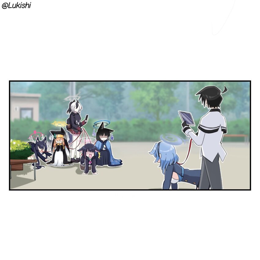 1boy 6+girls ^^^ ahoge ako_(blue_archive) all_fours angry animal_ear_fluff animal_ear_headwear animal_ears black_hair black_hairband black_hoodie blue_archive blue_hair blue_halo blurry blurry_background cat_ears cat_girl cellphone commentary day english_commentary fake_animal_ears feet_out_of_frame flower full_body grey_halo hairband halo hat hat_flower highres holding holding_phone holding_tablet_pc hood hoodie kayoko_(blue_archive) kazusa_(blue_archive) kikyou_(blue_archive) kimono_on_shoulders long_hair long_sleeves lukishi mari_(blue_archive) medium_hair multicolored_hair multiple_girls nun orange_hair outdoors park pet_walking phone pink_hair pink_halo ponytail scared school_uniform sensei_(blue_archive) serika_(blue_archive) shaded_face short_hair simple_background smartphone spiked_hair standing streaked_hair tablet_pc twintails twitter_username two-tone_hair white_background white_flower white_hair yellow_halo