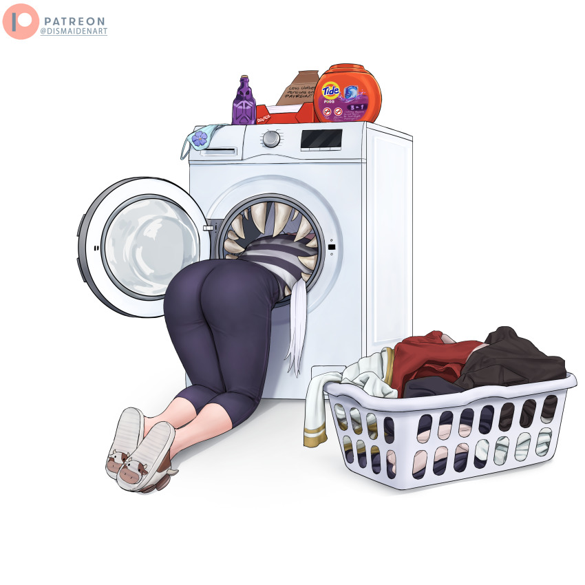 1girl absurdres animal_slippers ass black_leggings capri_pants clothes-dissolving_potion dismaiden frieren frieren_stuck_in_a_mimic_(meme) head_out_of_frame highres in_washing_machine laundry laundry_basket leggings long_hair lower_body mimic pants patreon_logo patreon_username sharp_teeth shirt simple_background slippers solo sousou_no_frieren striped_clothes striped_shirt stuck teeth tide_(detergent) vial vore washing_machine white_background