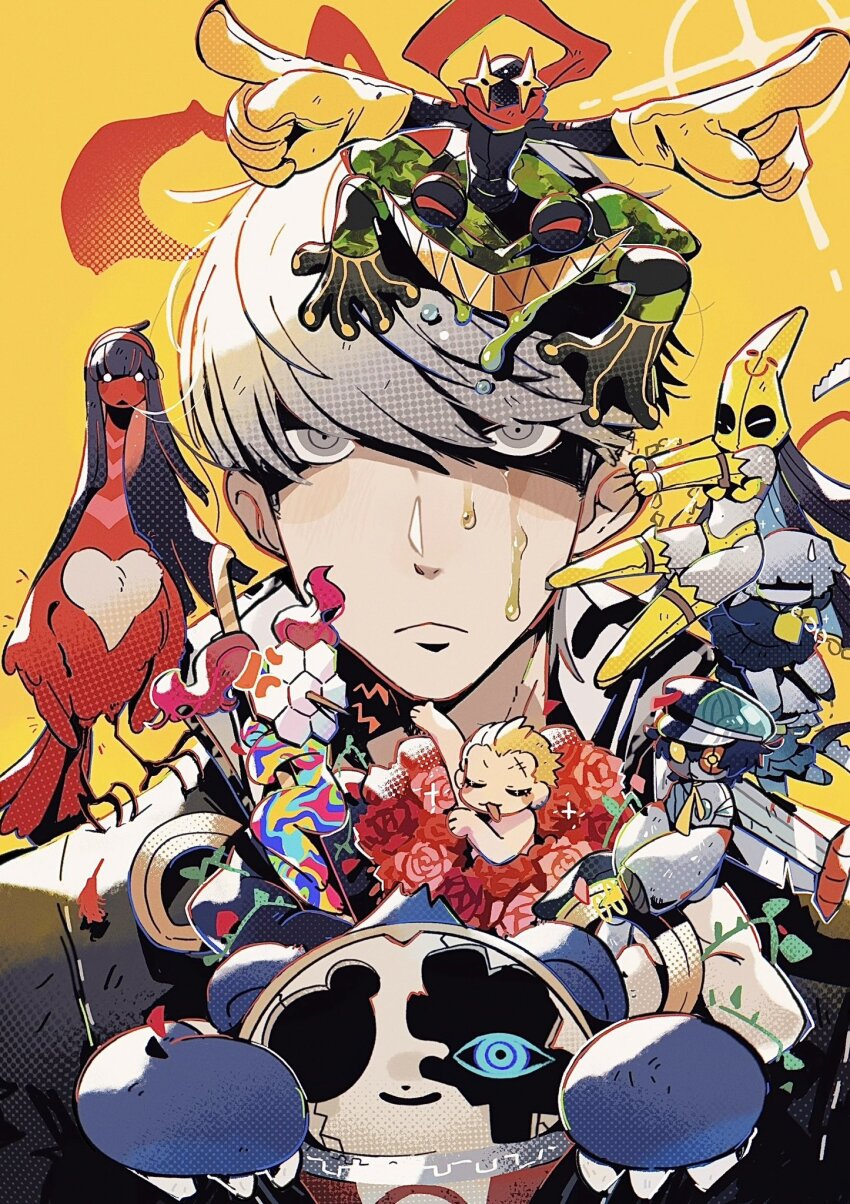 amagi_yukiko claws colored_skin flower game_43ice glowing glowing_eyes grey_eyes hanamura_yousuke highres kujikawa_rise kuma_(persona_4) mask monster multicolored_skin narukami_yu partially_shaded_face persona persona_4 pointing satonaka_chie shadow_chie shadow_kanji shadow_kuma shadow_naoto shadow_rise shadow_yousuke shadow_yukiko shirogane_naoto smile tatsumi_kanji upper_body