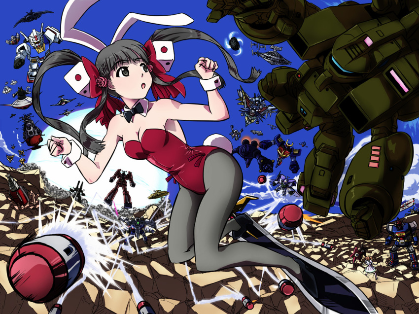 1960s_(style) 1970s_(style) 1980s_(style) 1girl animal_ears bow bowtie breasts character_request choujikuu_yousai_macross cleavage copyright_request cosplay crossover daicon daicon_bunny_girl daicon_iii daicon_iv densetsu_kyojin_ideon dunbine energy_sword explosion fake_animal_ears female_focus gundam high_heels ideon idolmaster idolmaster_cinderella_girls kagaku_sentai_dynaman leotard macross mecha millennium_falcon missile mobile_infantry mobile_suit_gundam oldschool outdoors pix-001 playboy_bunny rabbit_ears rabbit_tail retro_artstyle robot rx-78-2_gundam sdf-1 seisenshi_dunbine sky solo spacecraft star_destroyer star_trek star_wars starfighter starship_troopers super_sentai sword tagme tail tetsujin_28 tetsujin_28-gou tie_fighter uchuu_senkan_yamato uss_enterprise_(star_trek) weapon wrist_cuffs yamato_(uchuu_senkan_yamato)