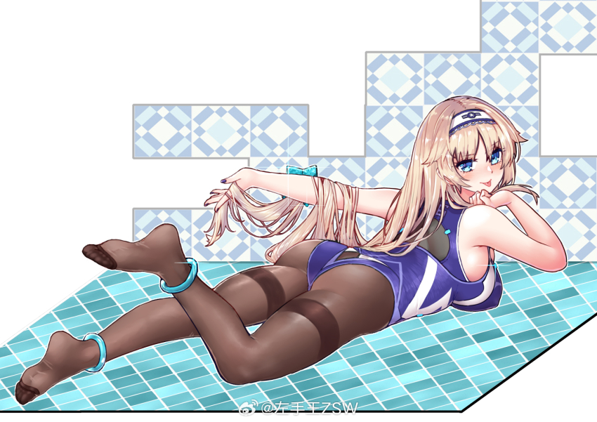 1girl :p anklet ass black_pantyhose blonde_hair blue_eyes bracelet breasts competition_swimsuit enterprise_(warship_girls_r) feet full_body hair_flaps hairband jewelry large_breasts long_hair looking_at_viewer lying nail_polish no_shoes on_stomach one-piece_swimsuit pantyhose pantyhose_under_swimsuit smile solo swimsuit thighband_pantyhose tongue tongue_out warship_girls_r watermark weibo_watermark z.s.w.