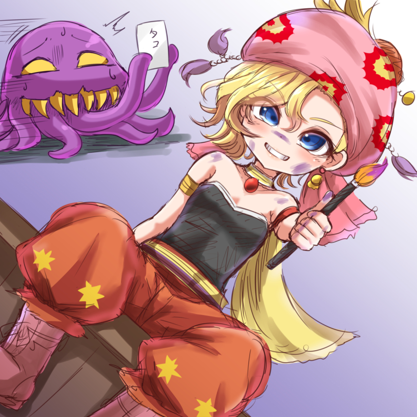 1girl _background art_brush baggy_pants bare_shoulders belt blonde_hair blue_eyes capelet choker facepaint final_fantasy final_fantasy_vi full_body gradient_background harimao_(hanzou_uji) hat highres holding holding_sign jewelry octopus paint paint_on_body paint_on_hands paint_splatter paint_splatter_on_face paintbrush pants pendant relm_arrowny short_hair sign sitting smile strapless teeth thumbs_up ultros