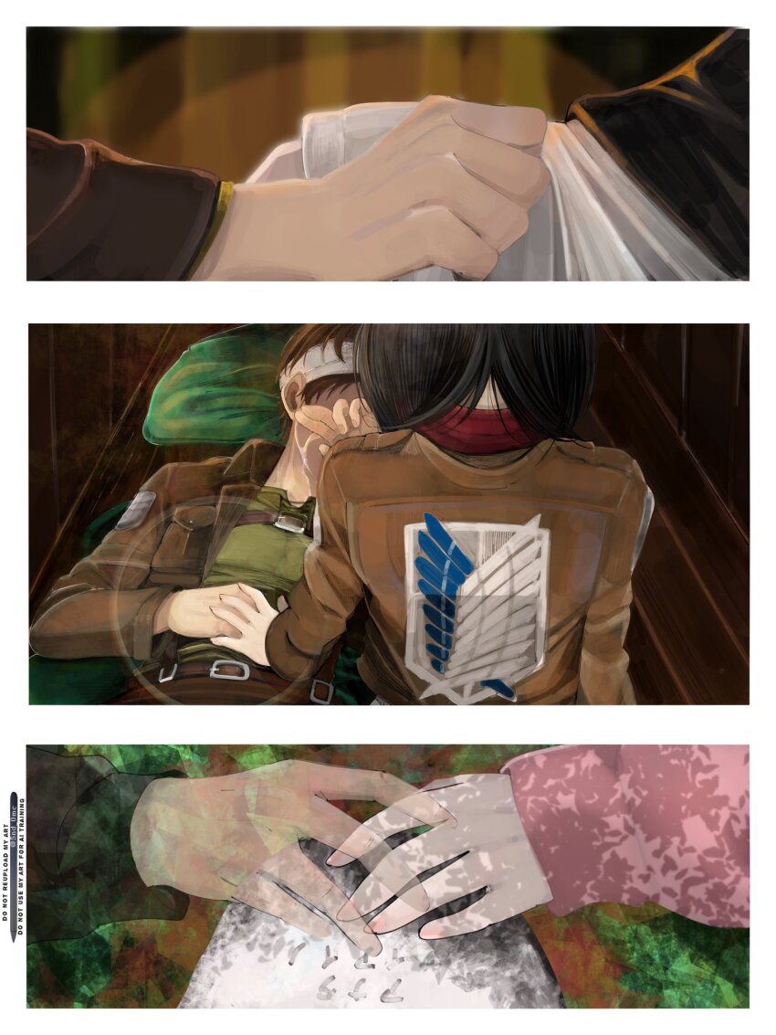 1boy 1girl 5nd_0mc bandaged_head bandages black_hair border brown_hair brown_jacket cardigan couple eren_yeager hetero highres holding_hands jacket long_hair mikasa_ackerman military_jacket pillow pink_cardigan red_scarf scarf shingeki_no_kyojin short_hair spirit survey_corps_(emblem) transparent upper_body white_border