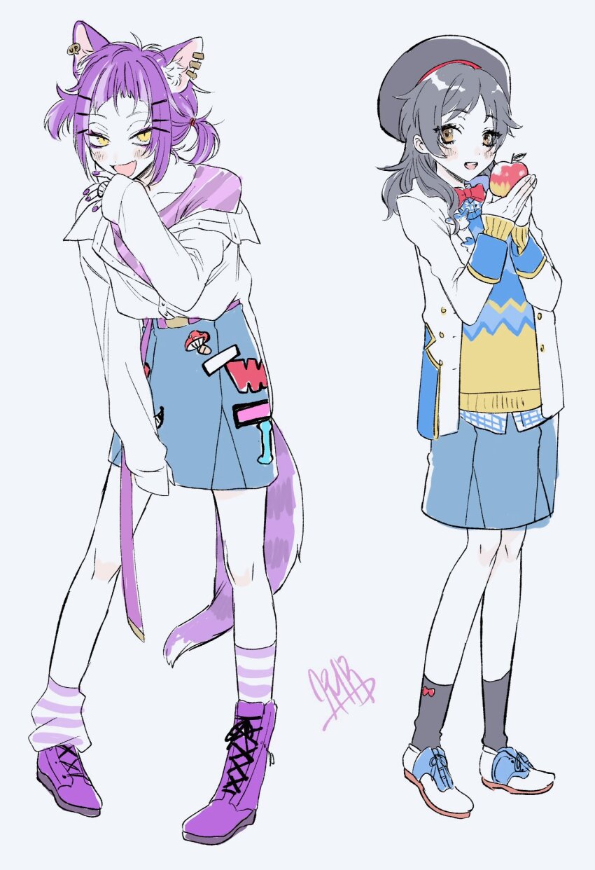2girls animal_ear_fluff animal_ear_piercing ankle_boots apple asymmetrical_footwear asymmetrical_legwear belt beret black_hair blazer blush boots bow bowtie brown_eyes cat_girl che&#039;nya collared_shirt covering_own_mouth cut_bangs diagonal-striped_shirt dress_shoes eyeshadow food fruit full_body genderswap genderswap_(mtf) gingham_shirt hair_ornament hairpin hand_over_own_mouth hat high-waist_skirt highres holding holding_food holding_fruit jacket jewelry khr lapel_pin leaning_forward long_belt makeup medium_hair medium_skirt mismatched_footwear multicolored_hair multiple_girls multiple_hairpins neige_leblanche off_shoulder open_mouth parted_bangs partially_colored partially_unbuttoned patch pencil_skirt purple_eyes purple_nails red_bow red_bowtie ribbon-trimmed_socks ribbon_trim ring school_uniform shirt short_twintails signature simple_background skirt sleeves_past_fingers sleeves_past_wrists smile socks streaked_hair striped_clothes striped_shirt striped_socks sweater tail twintails twisted_wonderland uneven_legwear white_background