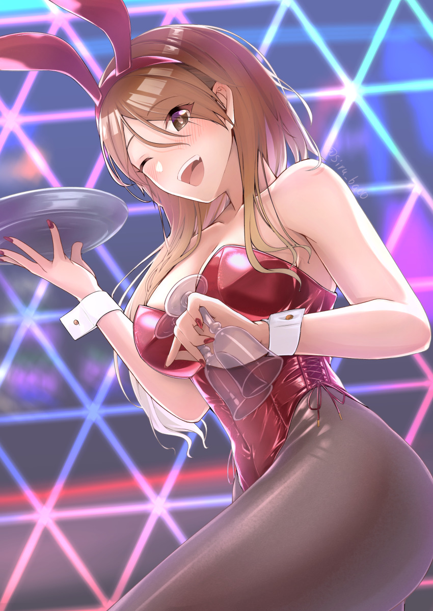1girl ;d absurdres animal_ears bare_shoulders black_pantyhose blush breasts brown_hair collarbone cup dark-skinned_female dark_skin drinking_glass fingernails highres holding holding_tray idolmaster idolmaster_shiny_colors izumi_mei kagin_(kagou_shita_nanika) leotard long_hair looking_at_viewer medium_breasts nail_polish one_eye_closed open_mouth pantyhose playboy_bunny rabbit_ears red_leotard smile solo straight_hair tray very_long_hair wrist_cuffs