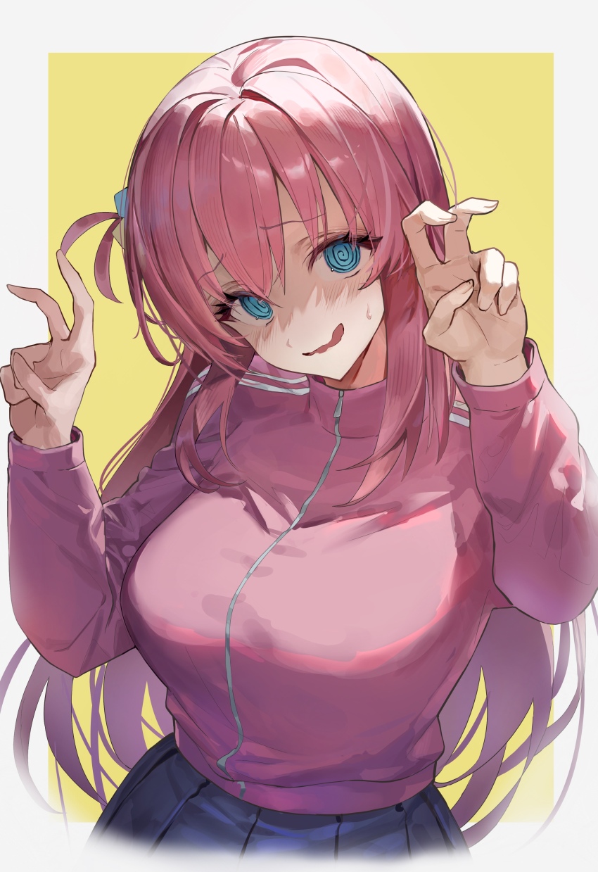 1girl @_@ absurdres bent_v black_skirt blue_eyes blush bocchi_the_rock! border breasts commentary cropped_torso cube_hair_ornament double_v gotoh_hitori grey_border hair_between_eyes hair_ornament hands_up head_tilt highres jacket kabi_(zcwd8845) large_breasts long_hair long_sleeves looking_at_viewer one_side_up outside_border parted_lips pink_hair pink_jacket pleated_skirt raised_eyebrows shaded_face simple_background skirt solo sweatdrop track_jacket upper_body v very_long_hair wavy_mouth yellow_background zipper_pull_tab