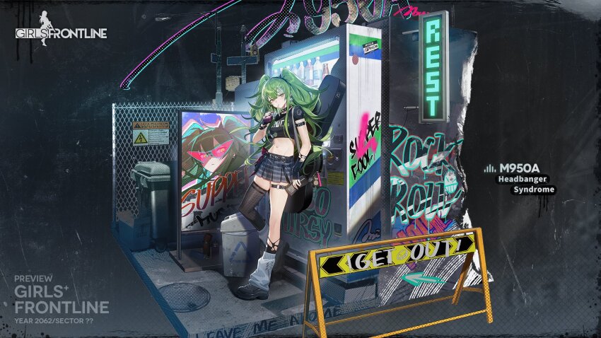 1girl against_wall asymmetrical_clothes asymmetrical_gloves badge bahao_diqiu black_collar black_gloves black_nails black_shirt black_shoes black_socks black_thighhighs bow bow_skirt bracelet breasts button_badge chain character_name collar commentary copyright_name crop_top drink drinking_straw drinking_straw_in_mouth english_commentary english_text fingerless_gloves fingernails fishnet_thighhighs fishnets full_body girls&#039;_frontline gloves graffiti green_hair grey_skirt guitar_case hair_ornament hairclip highres holding holding_drink holding_wallet instrument_case jewelry juice_box lamppost leaning leg_warmers long_hair looking_at_viewer m950a_(girls&#039;_frontline) m950a_(headbanger_syndrome)_(girls&#039;_frontline) manhole_cover medium_breasts miniskirt name_tag navel official_alternate_costume official_art plaid_bow plaid_clothes plaid_skirt poster_(object) promotional_art purple_bow recycle_bin road_sign second-party_source shirt shoes short_sleeves sign single_fishnet_legwear skindentation skirt sneakers socks solo spiked_bracelet spikes spray_can standing sticker stomach stuffed_animal stuffed_toy teddy_bear thigh_strap thighhighs torn_clothes torn_gloves torn_socks traffic_light twintails vending_machine very_long_hair wallet warning_sign white_leg_warmers wire_fence yellow_eyes