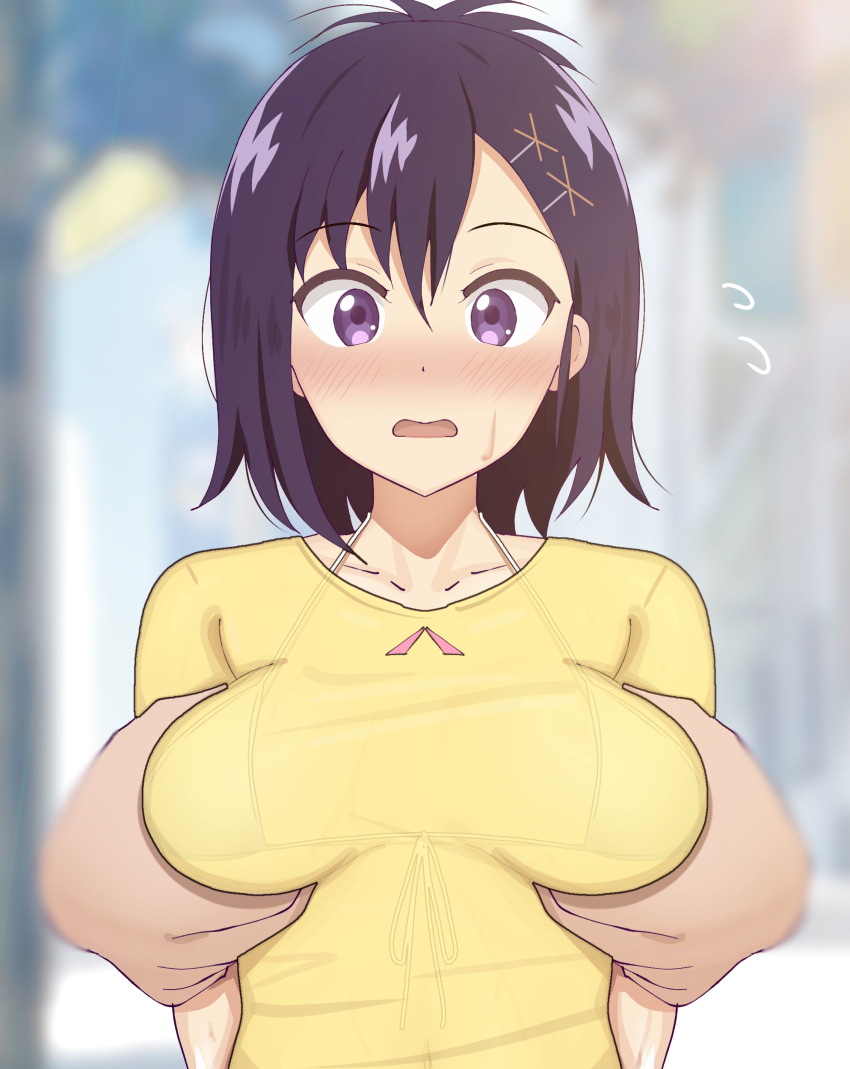 1girl 1other absurdres alternate_costume bikini bikini_top_under_shirt bikini_under_clothes blurry blurry_background blush breasts breasts_apart collarbone commentary_request disembodied_hand front-tie_bikini_top front-tie_top gabriel_dropout grabbing_another&#039;s_breast groping hair_ornament highres medium_breasts micro_bikini open_mouth paid_reward_available poa_mellhen purple_eyes purple_hair see-through_clothes see-through_shirt shirt short_sleeves solo_focus string_bikini swimsuit upper_body vignette_tsukinose_april wide-eyed x_hair_ornament yellow_shirt