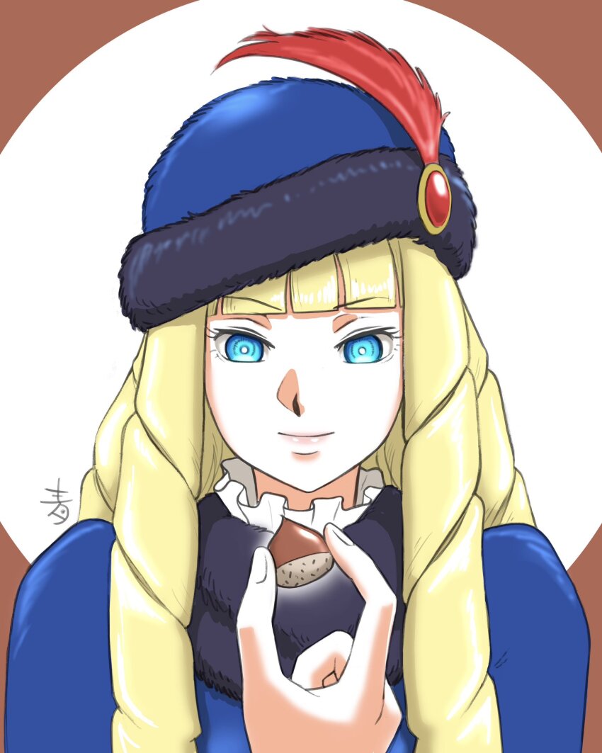 1girl aobito_sukoyaka_bystander blue_eyes blue_hat blunt_bangs commentary_request dianna_soreil drill_hair feathers fur_hat gundam hat hat_feather highres holding_acorn kihel_heim long_hair red_feathers solo turn_a_gundam