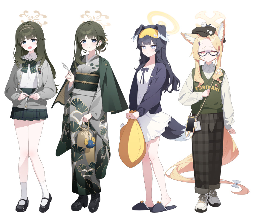 3girls absurdres alternate_costume animal animal_ear_fluff animal_ears animal_on_head bag bird bird_on_head black_boots black_hair black_hat black_pants black_shoes blonde_hair blue_archive blue_bow blue_cardigan blue_eyes blue_slippers blunt_bangs boots bow brown_bag cardigan closed_mouth diagonal-striped_bow dog_ears dog_girl dog_tail dong_ji floral_print floral_print_kimono forehead fox_ears fox_girl fox_tail green_bow green_hair green_hairband green_haori green_sash green_skirt green_vest grey_jacket grey_kimono hairband haori hat hibiki_(blue_archive) high_heel_boots high_heels highres holding holding_bag jacket japanese_clothes kimono long_hair looking_at_viewer multiple_girls obi on_head open_mouth pants pants_rolled_up pink_eyes plaid_clothes plaid_pants plaid_skirt pleated_skirt print_kimono sash seia_(blue_archive) shirt shoes sidelocks skirt slippers smile socks tail tsumugi_(blue_archive) vest white_shirt white_shoes white_skirt white_socks yellow_bag
