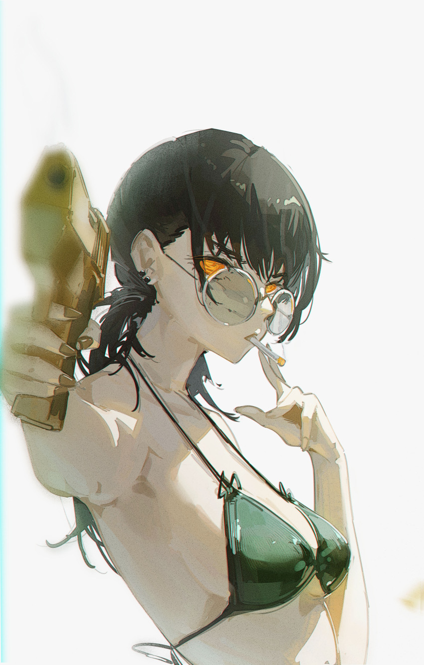 1girl absurdres bikini black_bikini breasts brown_nails chainsaw_man cigarette dudrinm ear_piercing glasses gun highres holding holding_gun holding_weapon low_twintails orange_eyes piercing round_eyewear simple_background small_breasts smoking solo swimsuit twintails weapon white_background yoru_(chainsaw_man)
