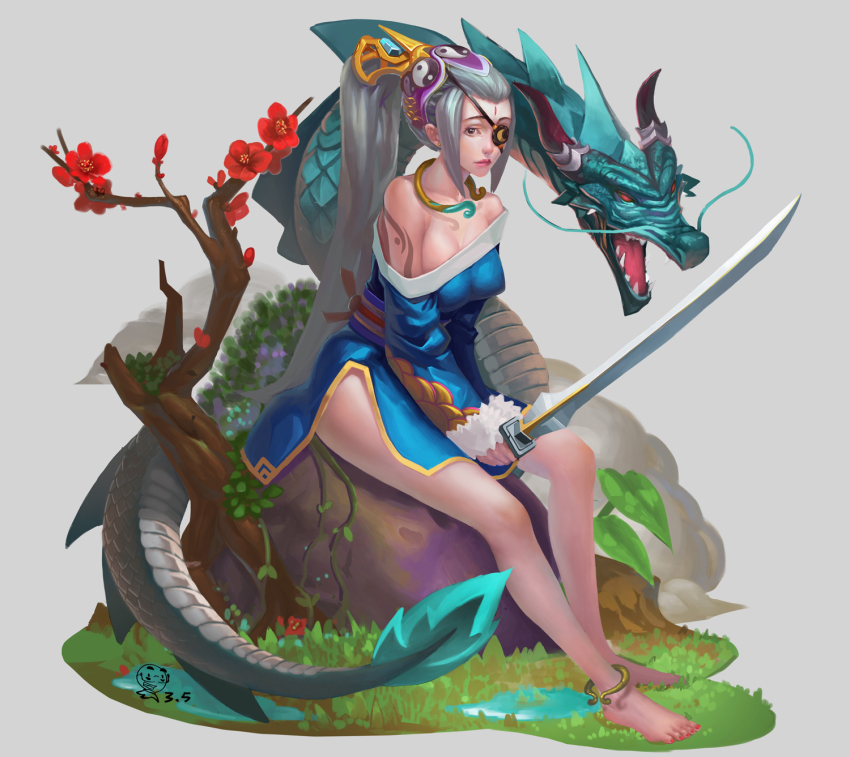 1girl bangle bare_shoulders bracelet dragon eyepatch female_focus flower forehead hairpiece highres jewelry katana maomao original ponytail puddle silver_hair sitting solo stone sword tattoo weapon yin_yang