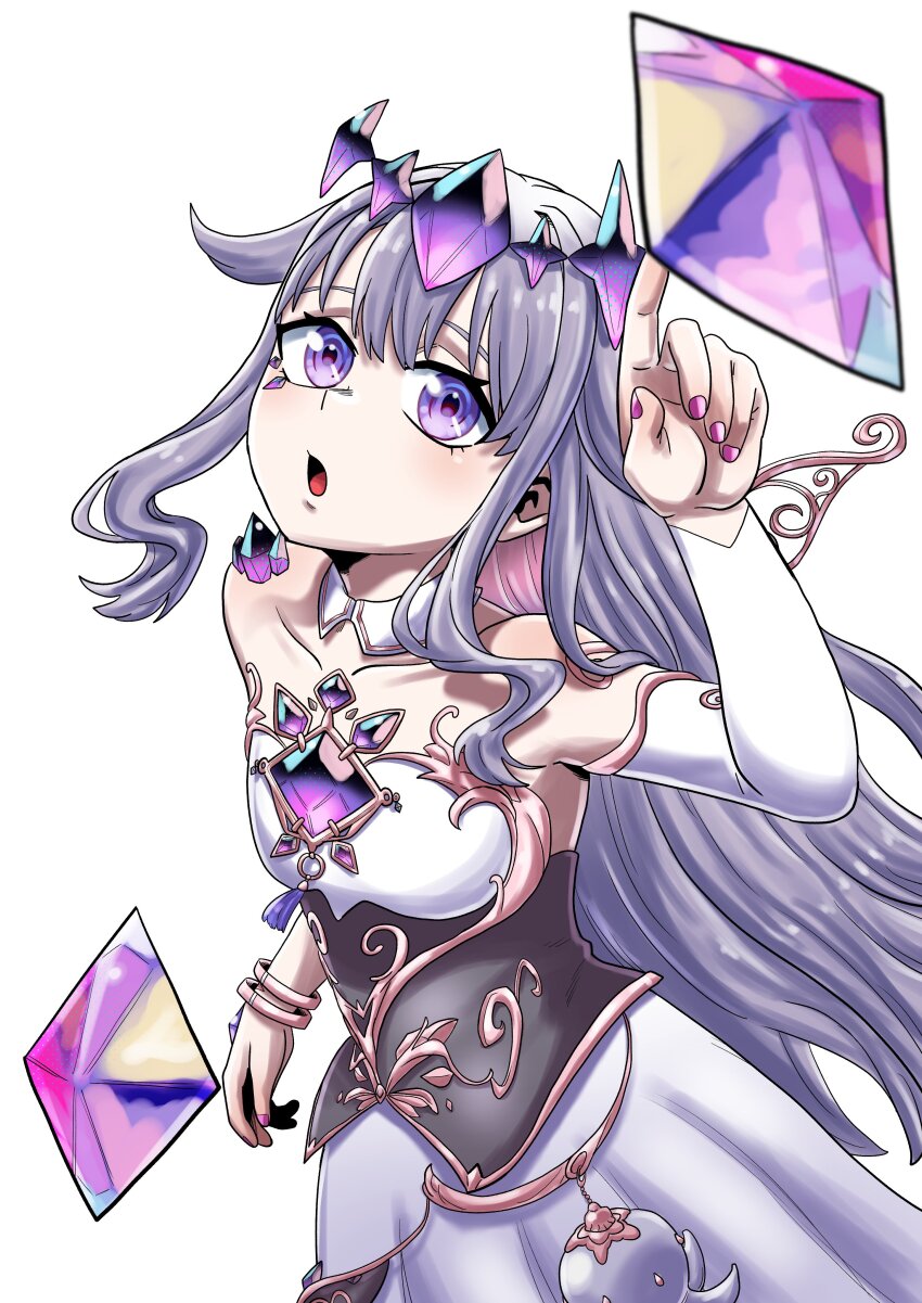 1girl absurdres bracelet breasts detached_collar dress gem hair_ornament highres hololive hololive_english jewelry koseki_bijou nail_polish purple_eyes purple_gemstone purple_hair purple_nails simple_background small_breasts solo solo_focus spriggantweet virtual_youtuber white_background wings