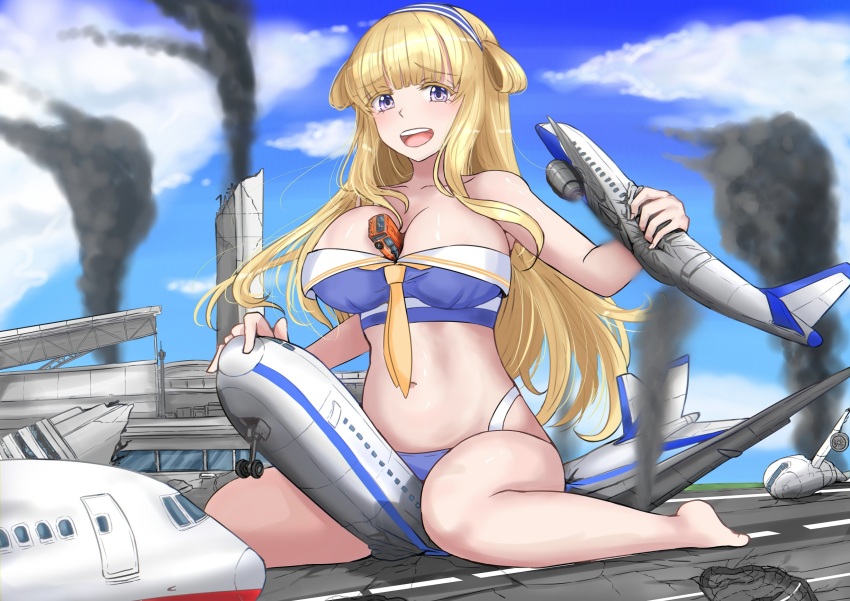 1girl aircraft airplane airport between_breasts bikini blonde_hair blue_bikini blue_sky breasts bus cloud commission destruction fletcher_(kancolle) fletcher_mk_ii_(kancolle) fletcher_mk_ii_(swimsuit)_(kancolle) full_body giant giantess grabbing hairband highres jet jet_airliner kantai_collection ken_(shutenndouji1) large_breasts long_hair looking_at_viewer motor_vehicle navel necktie off_shoulder official_alternate_costume open_mouth outdoors pixiv_commission purple_eyes sitting sky smile solo straddling strapless swimsuit teeth tongue tube_top upper_teeth_only wariza yellow_necktie