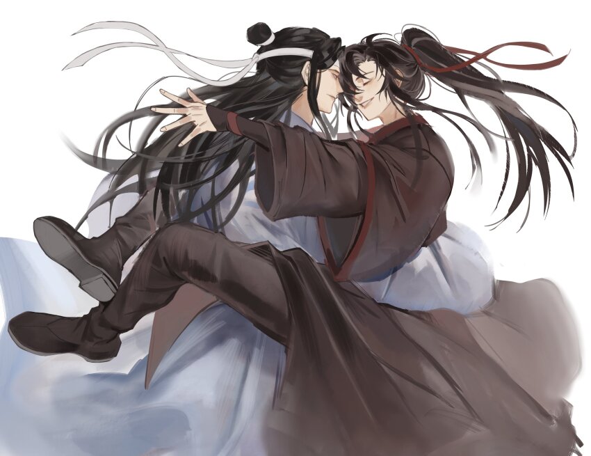 2boys a380ml black_boots black_hair black_hanfu black_robe boots carrying carrying_person chinese_clothes closed_eyes floating_hair hair_ribbon hanfu headband highres hug lan_wangji layered_sleeves leg_lock long_hair long_sleeves looking_at_another male_focus modao_zushi multiple_boys ponytail red_ribbon ribbon robe sidelocks simple_background smile topknot wei_wuxian white_background white_hanfu white_headband white_robe wide_sleeves xiao_guan_(headdress) yaoi