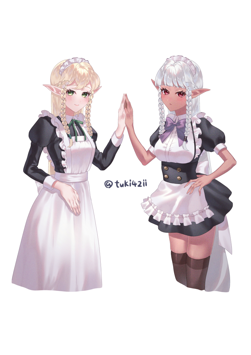 2girls absurdres alternate_costume apron aqua_hair blonde_hair blush braid dark-skinned_female dark_elf dark_skin elf eltolinde_(unicorn_overlord) frilled_apron frills green_eyes highres long_hair looking_at_viewer maid maid_apron maid_headdress multiple_girls pointy_ears red_eyes rosalinde_(unicorn_overlord) short_sleeves siblings sisters smile thighhighs tuki42ii twin_braids twins unicorn_overlord very_long_hair white_apron