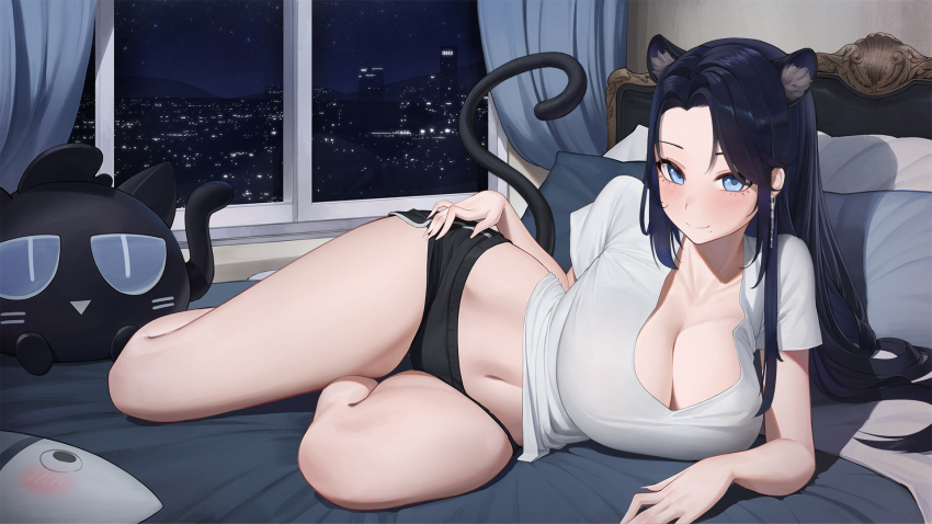1girl animal_ear_fluff animal_ears bed black_hair black_shorts blue_eyes blush breasts building cat_ears cat_girl cat_tail cityscape cleavage curtains earrings hantata highres indoors jewelry korean_commentary large_breasts long_hair looking_at_viewer lying mole mole_under_mouth night on_bed on_side original shirt short_shorts short_sleeves shorts smile solo stuffed_animal stuffed_toy tail very_long_hair white_shirt window