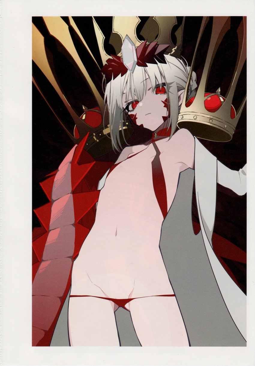 1girl absurdres blonde_hair breasts criss-cross_halter crown dragon_tail expressionless fate/grand_order fate_(series) gluteal_fold halterneck highres looking_at_viewer mochizuki_kei navel nero_claudius_(fate) panties pointy_ears queen_draco_(fate) queen_draco_(second_ascension)_(fate) red_eyes red_panties revealing_clothes scan sidelocks small_breasts solo tail underwear