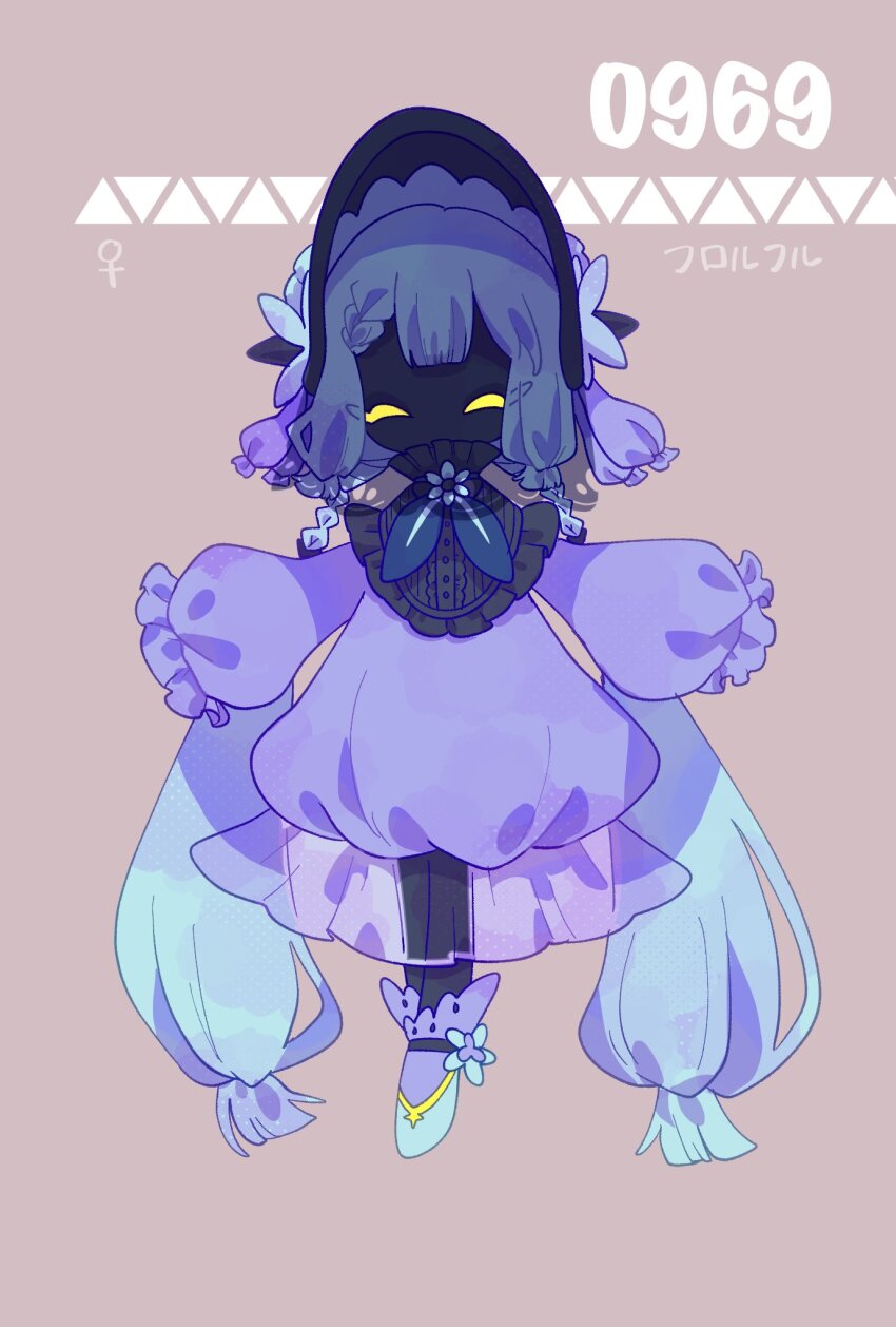 1girl ^_^ blue_hair bonnet braid closed_eyes dress full_body game_freak glimmet highres light_blue_hair long_hair long_sleeves mugimochi_g nintendo no_mouth no_nose personification pokedex_number pokemon puffy_long_sleeves puffy_sleeves purple_dress sleeves_past_fingers sleeves_past_wrists solo twintails veil very_long_hair