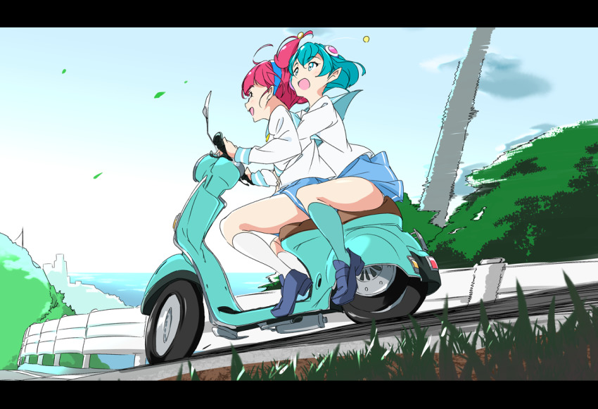 2girls :d ahoge antennae aqua_hair blue_hairband commentary_request guard_rail hagoromo_lala hair_ornament hairband hoshina_hikaru hug hug_from_behind kneehighs letterboxed mihoshi_middle_school_uniform motion_blur motor_vehicle multiple_girls open_mouth pink_hair precure school_uniform scooter short_hair slice_of_life smile socks star_twinkle_precure twintails umanosuke