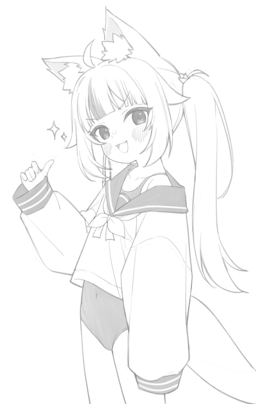 1girl :d absurdres ahoge animal_ear_fluff animal_ears blunt_bangs blush cat_ears covered_navel fang fins fish_girl fish_tail highres indie_virtual_youtuber lineart long_hair looking_at_viewer monochrome multicolored_hair one-piece_swimsuit open_mouth oversized_clothes sailor_collar sailor_shirt sameko_saba shirt sidelocks single_sleeve_past_fingers sleeves_past_wrists smile solo sparkle streaked_hair swimsuit tail thumbs_up twintails ugaaaa1 unfinished virtual_youtuber