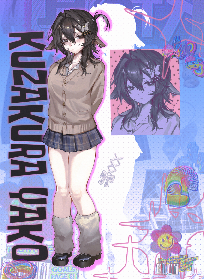 1girl absurdres animal_ear_piercing animal_ears arms_behind_back black_eyes black_hair blue_skirt blush brown_skirt brown_sweater butterfly_hair_ornament character_name chinese_commentary closed_mouth collared_shirt commentary_request full_body goat_ears goat_girl gyaru hair_between_eyes hair_ornament hairclip highres hooves horizontal_pupils kirihara_aki kuzakura_yako_(kirihara_aki) legs long_hair long_sleeves miniskirt mole mole_under_eye multicolored_skirt multiple_views original plaid_clothes plaid_skirt shirt shirt_under_sweater sidelocks skirt standing sweater tachi-e thighs two-tone_skirt white_shirt yellow_pupils