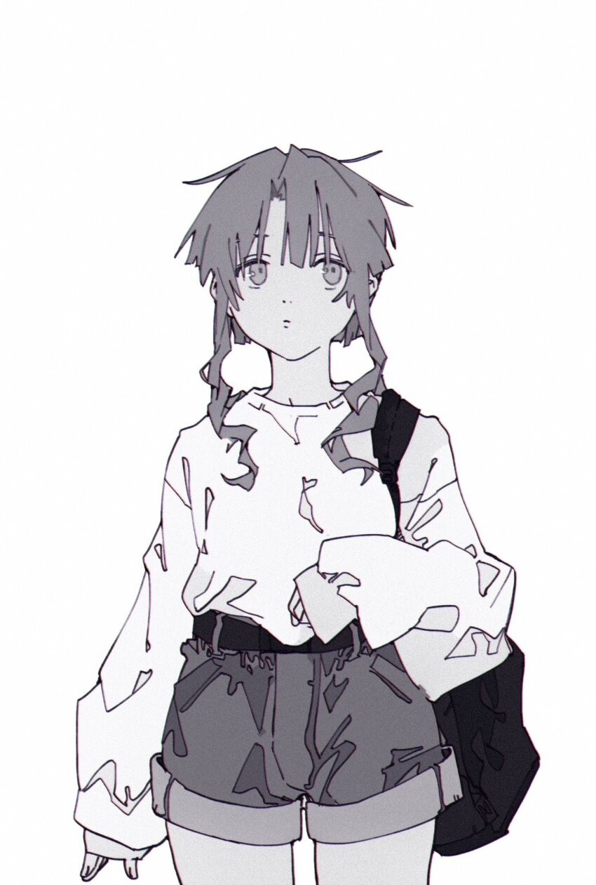 1girl aria_(manga) bad_id bad_twitter_id bag belt cowboy_shot highres inactive_account long_hair long_sleeves looking_at_viewer mizunashi_akari monochrome shirt shorts sidelocks simple_background sleeves_past_wrists solo standing suiso_(owp) white_background