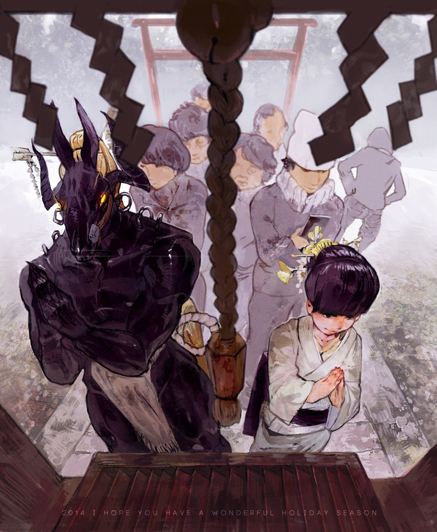 2boys black_fur black_hair blonde_hair body_fur box claws commentary_request donation_box english_text from_side furry furry_male glowing glowing_eyes hair_ornament hair_stick highres horns japanese_clothes kimono long_hair multiple_boys musical_note nagabe original outdoors own_hands_together pelvic_curtain people praying short_hair shrine standing tail topless_male torii white_kimono yellow_eyes