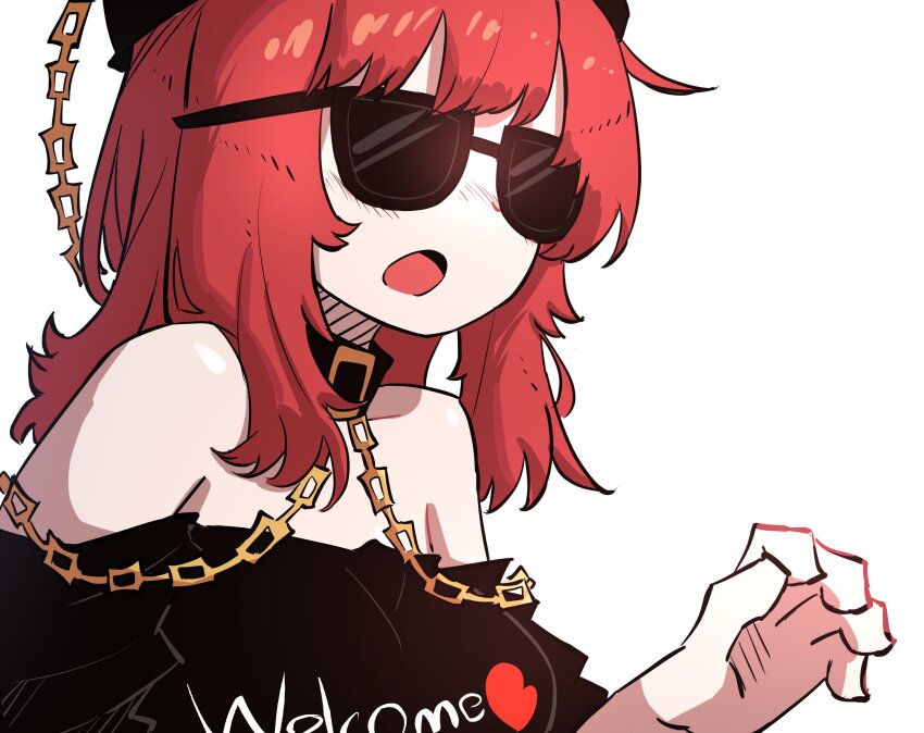 1girl black_collar black_shirt breasts collar commentary commission english_commentary heart hecatia_lapislazuli highres medium_breasts medium_hair meme off-shoulder_shirt off_shoulder open_mouth red_hair shirt simple_background smug_suriipi solo sunglasses that_wasn&#039;t_very_cash_money_of_you_(meme) touhou upper_body white_background