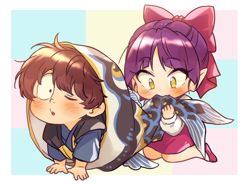 ._. 1boy 1girl aged_down biting bow brown_hair gegege_no_kitarou hair_bow highres kitarou nekomusume nekomusume_(gegege_no_kitarou_6) one-eyed purple_hair short_hair silanduqiaocui yellow_eyes
