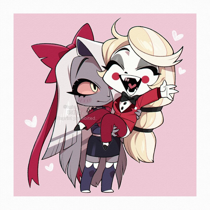 2girls :d ^_^ absurdly_long_hair absurdres black_bow black_bowtie black_mouth black_shoes black_skirt blonde_hair border bow bowtie breasts buttons carrying charlie_morningstar chibi chibi_only circle_facial_mark closed_eyes closed_mouth colored_sclera colored_skin colored_tips curtained_hair eyeshadow fangs fewer_digits full_body grey_eyeshadow grey_hair grey_skin grey_thighhighs hair_bow hair_tie hazbin_hotel heart heart_in_mouth highres jacket kageimo knees_together_feet_apart lapels layered_sleeves long_hair long_sleeves looking_at_another makeup miniskirt multicolored_hair multiple_girls open_mouth orange_sclera outstretched_arm pants pencil_skirt pink_background princess_carry raised_eyebrows red_bow red_jacket red_pants shirt shoes simple_background skirt small_breasts smile standing swept_bangs teeth thighhighs traditional_bowtie two-tone_hair vaggie very_long_hair watermark white_border white_hair white_shirt white_shoes white_skin yellow_eyes yuri zettai_ryouiki