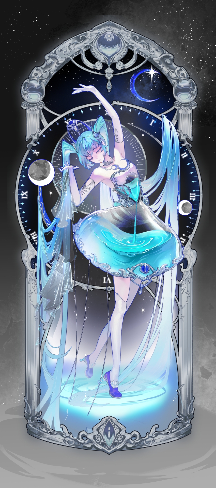 1girl absurdly_long_hair absurdres aqua_hair arm_up beyourr blue_hair commission crescent crescent_moon crown dress elbow_gloves full_body gloves hatsune_miku high_heels highres long_hair moon solo strapless strapless_dress thighhighs twintails very_long_hair vocaloid white_gloves white_thighhighs