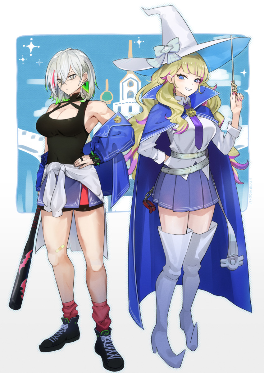 1girl 2girls alternate_costume baseball_bat blonde_hair blue_cloak blue_eyes boots breasts cleavage cloak covered_navel diabellstar_the_black_witch diabellze_the_original_sinkeeper dress_shirt duel_monster green_hair grey_eyes grey_hair hat highres holding hsin jacket large_breasts long_hair looking_at_viewer medium_hair multicolored_hair multiple_girls necktie purple_hair shirt smile streaked_hair thigh_boots white_hat witch witch_hat yu-gi-oh!